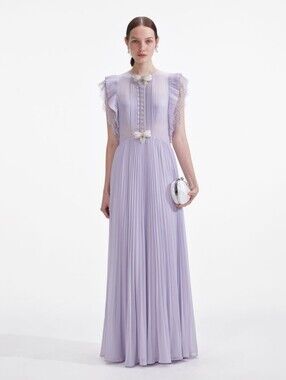 Self Portrait Lilac Chiffon Ruffle Pleated Maxi Dress with Bow Detail